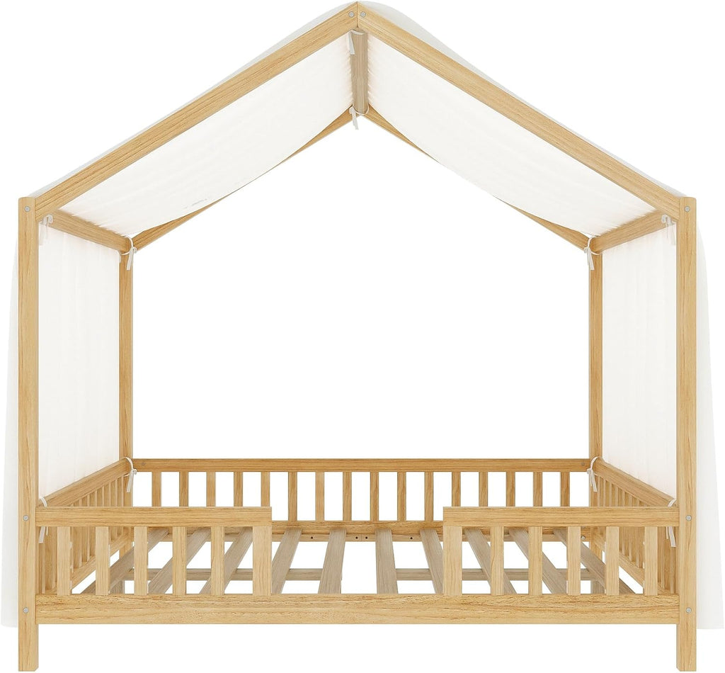 Bellemave Full House BedFrame with Canopy, Montessori Floor Bed, House Bed with Rails for Kids, Natural