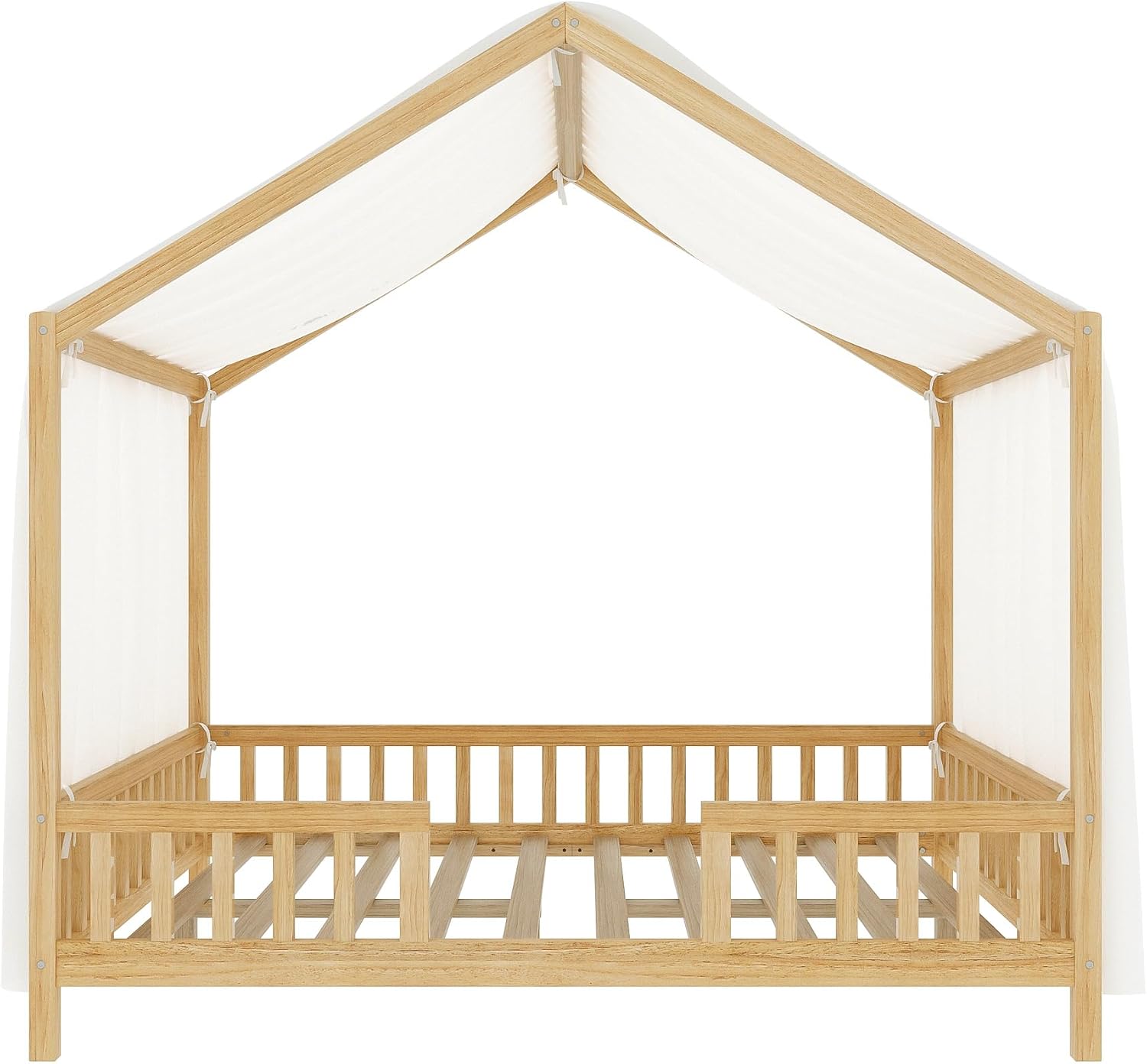 Bellemave Full House BedFrame with Canopy, Montessori Floor Bed, House Bed with Rails for Kids, Natural