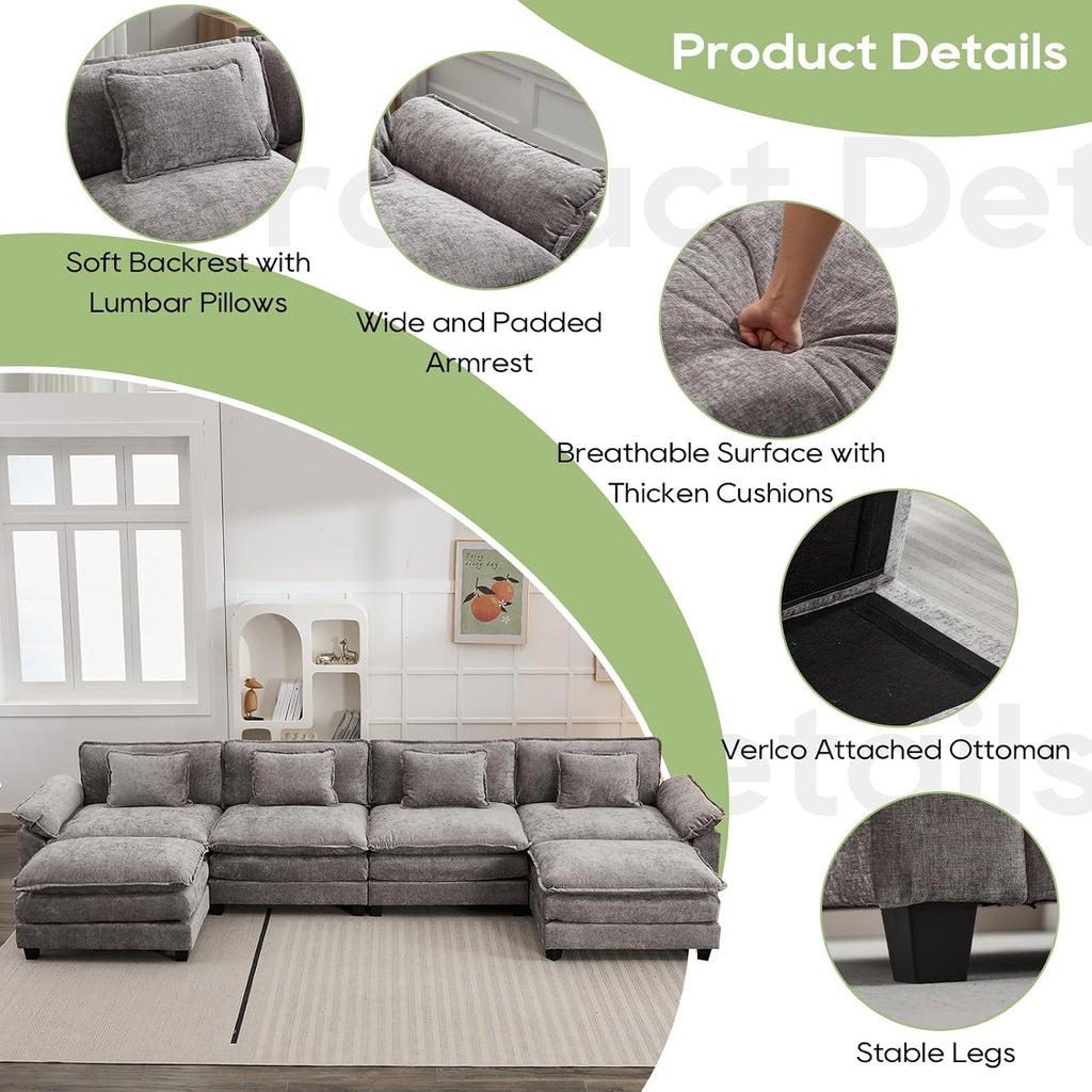 Oprisen 154' Modular Sectional Sofa, Comfy Cloud Couch Sectional Sofa with Ottoman, Chenille Sofa Sleeper Deep Seat Sofa with Throw Pillows for Living Room (Light Gray, 154'- U Shape)
