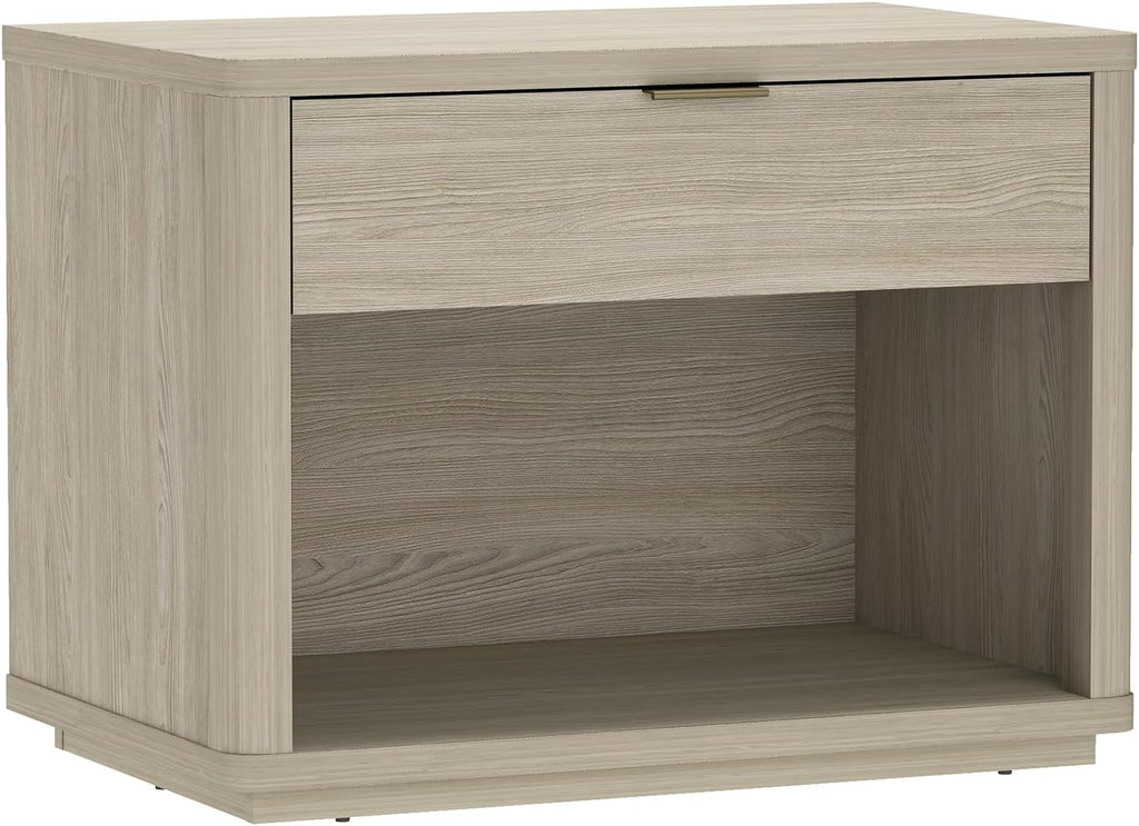 Manhattan Comfort Evelyn Nightstand with 1 Drawer, Minimalist Open Shelf Bedside Table, Rounded Corners and Raised Base, Modern Accent Table for Bedroom, Entryway, or Living Room in Natural Oak