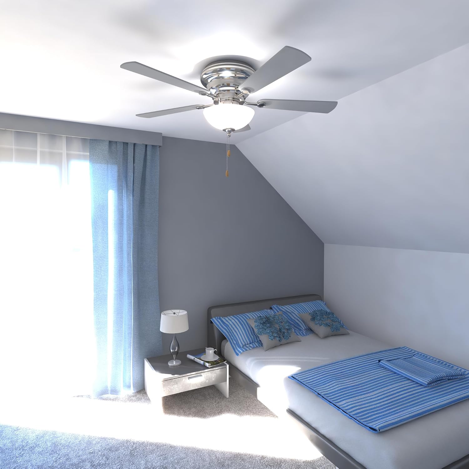 VAXCEL Expo 42 in. Satin Nickel Indoor Low Profile Flush Mount Transitional Ceiling Fan with Reversible Maple-Silver Blades, LED Light Kit and Pull Chain Included, 3 Speeds, White Frosted Glass Shade