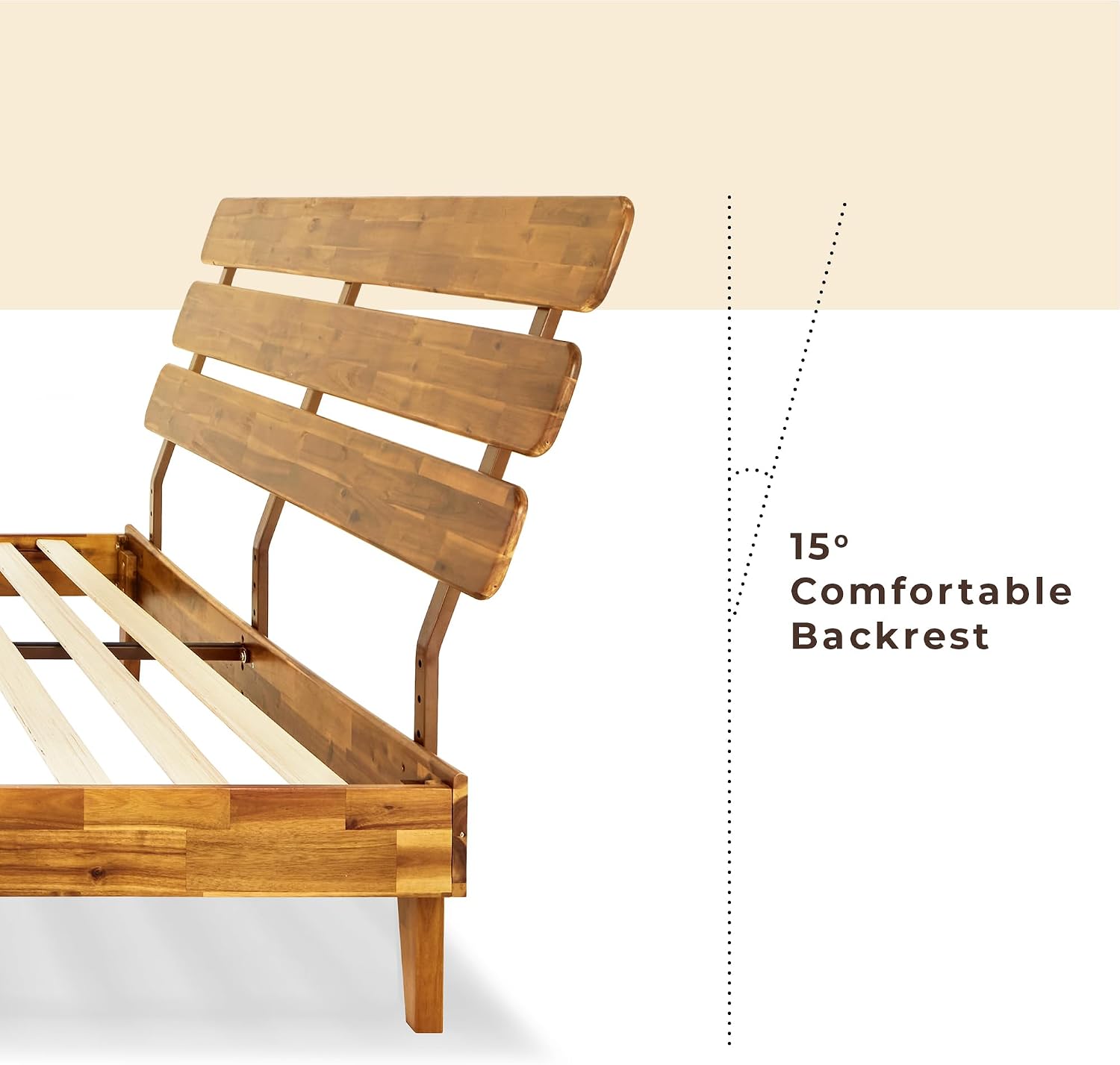 Bme Caden King Size Bed Frame and Adjustable Headboard, 15 Inch Mid Century Retro Style - Solid Acacia Wood - No Box Spring Needed - 12 Strong Wood Slat Support - Easy Assembly - Caramel