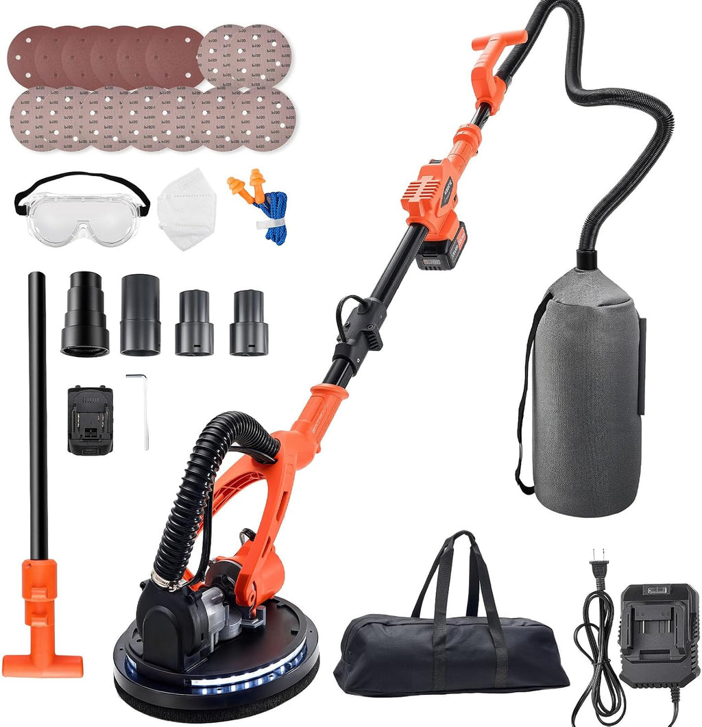 VEVOR Drywall Sander, 450W Cordless Electric Sander, Popcorn Ceiling Removal Tool with Vacuum Dust Collection, 7 Variable Speed 0-1600 RPM, LED Light, Foldable & Extendable Handle, 15 Sanding Discs