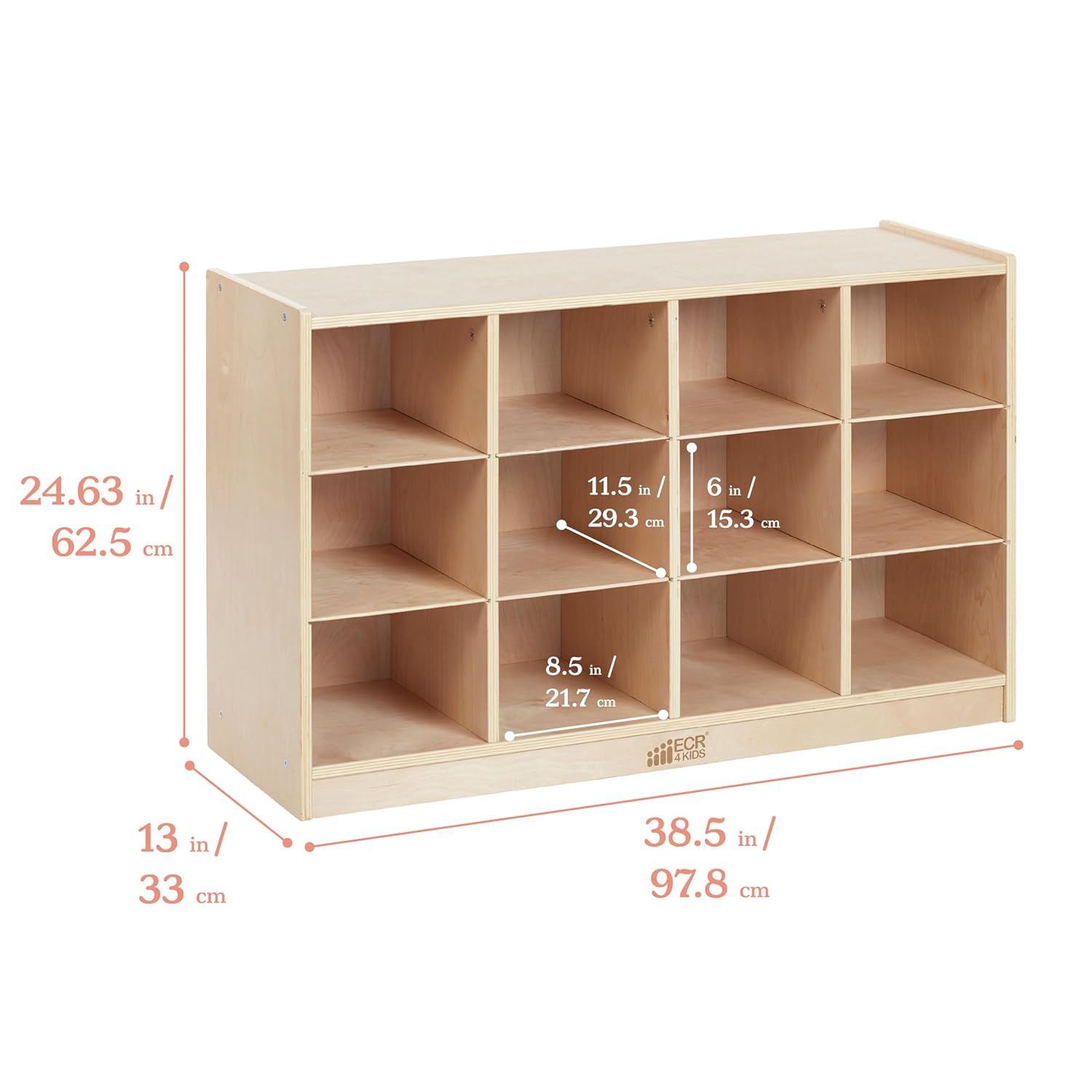 ECR4Kids 12 Cubby Mobile Tray Storage Cabinet, 3x4, Classroom Furniture, Natural