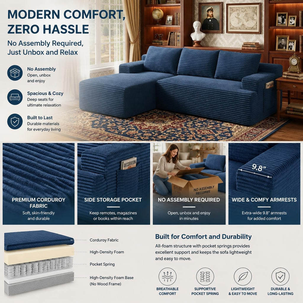 96' Corduroy Sectional Sofa Boneless Couches for Living Room - L Shaped Compressed Cloud Couch with Left Facing Chaise Lounge and Side Pockets