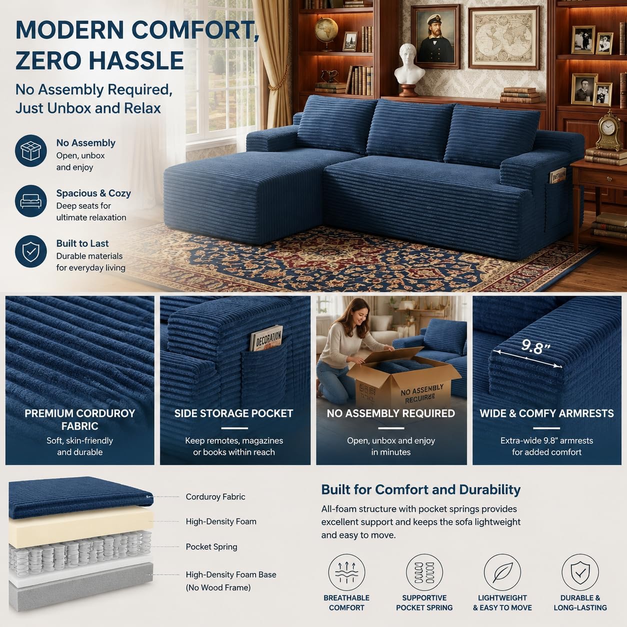 96' Corduroy Sectional Sofa Boneless Couches for Living Room - L Shaped Compressed Cloud Couch with Left Facing Chaise Lounge and Side Pockets