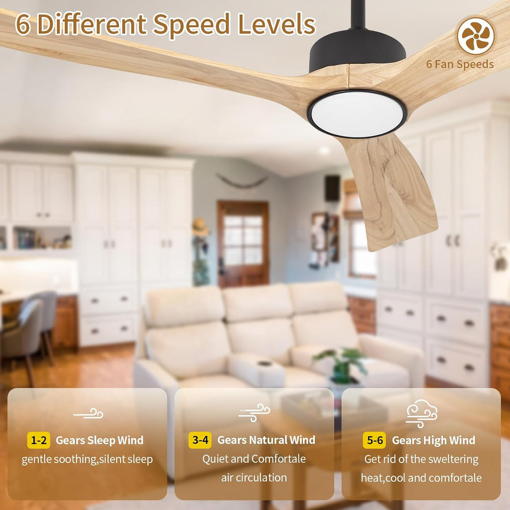 52inch Ceiling Fan with Lights,Downroad Ceiling Fans with Remote Control,3 Wooden Blades,Dimmable Light,6 Speeds,Noiseless,Ceiling Fan for Bedroom,Living Room,Office,Indoor,Natural Wood Grain