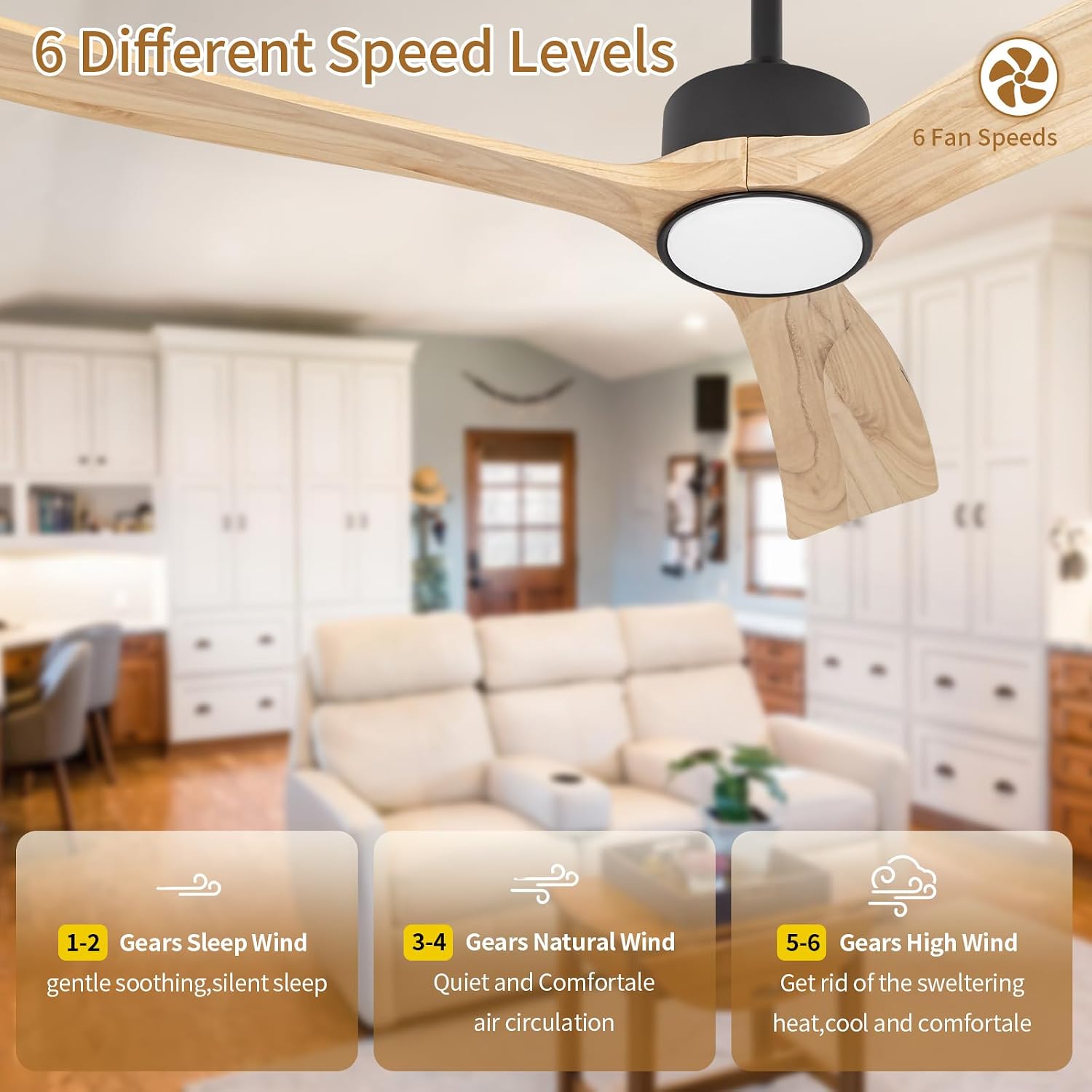 52inch Ceiling Fan with Lights,Downroad Ceiling Fans with Remote Control,3 Wooden Blades,Dimmable Light,6 Speeds,Noiseless,Ceiling Fan for Bedroom,Living Room,Office,Indoor,Natural Wood Grain