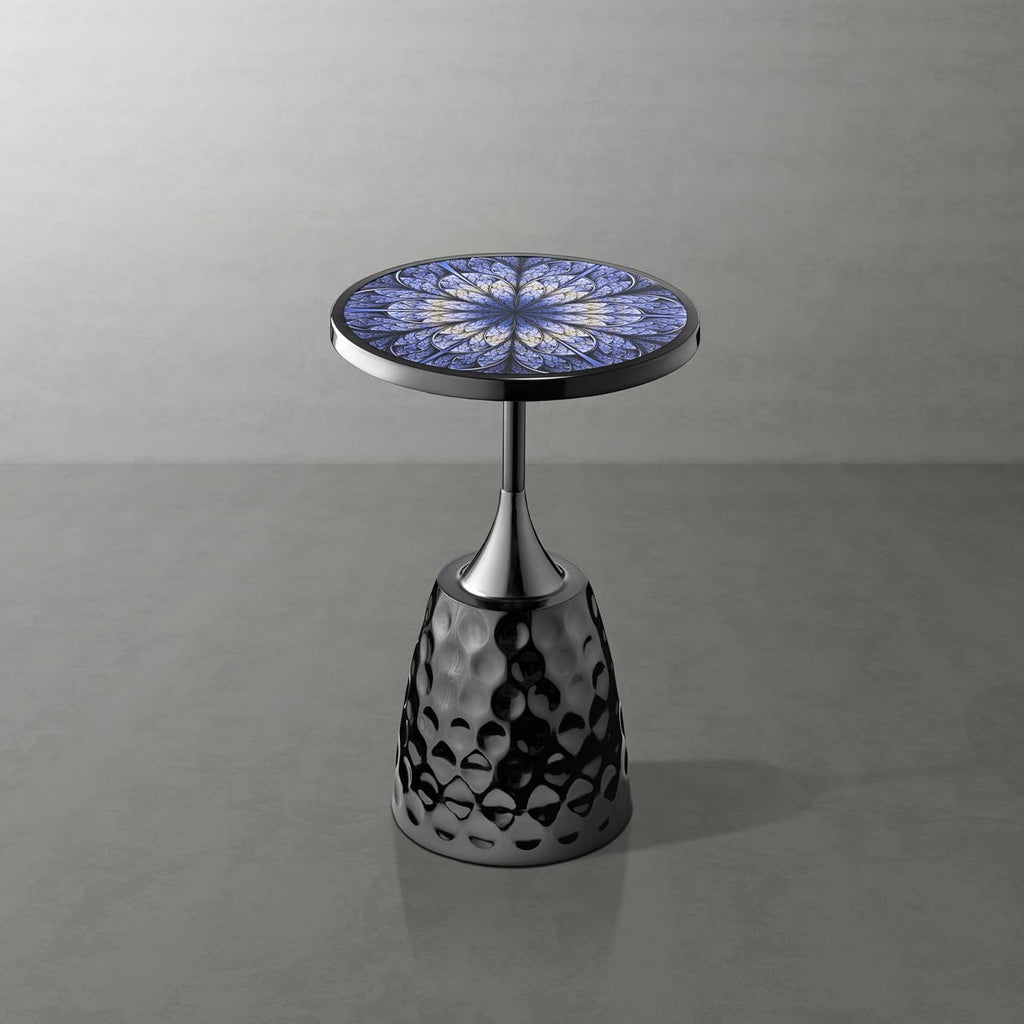 Homes: Inside + Out Halric Modern 24' Tall Round End Table with Printed Tabletop and Iron Metal Base, Accent Furniture, Pedestal Stand for Living Room, Home Office, Black with Geometric Floral