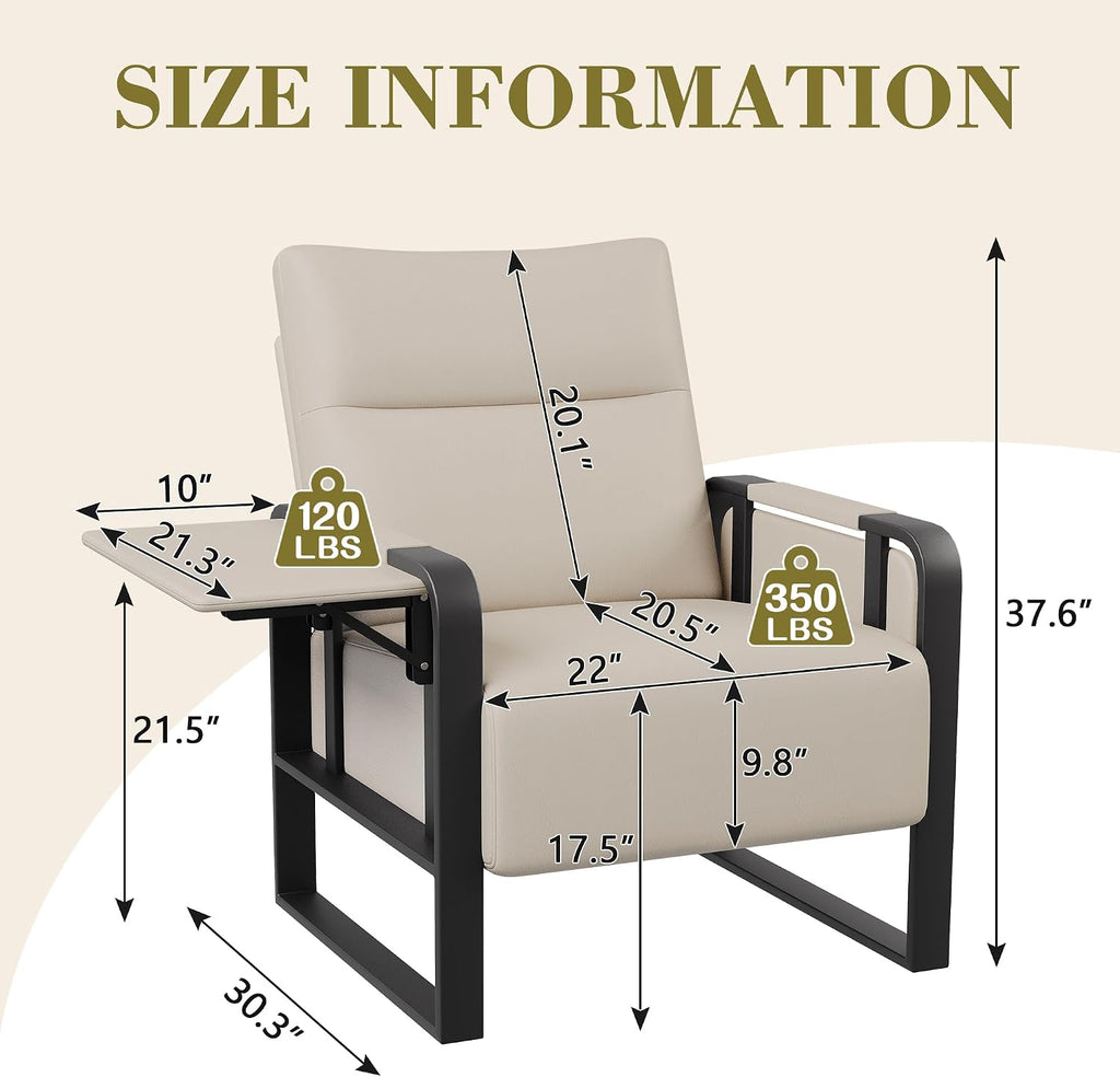 Modern Accent Chair PU Leather Upholstered Armchair with Tray Table for Bedroom Living Room Chairs Office Chair Beige