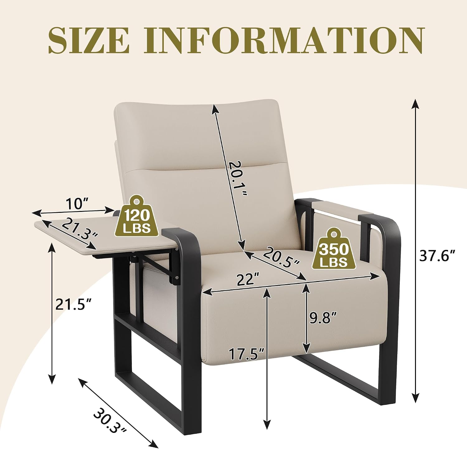 Modern Accent Chair PU Leather Upholstered Armchair with Tray Table for Bedroom Living Room Chairs Office Chair Beige