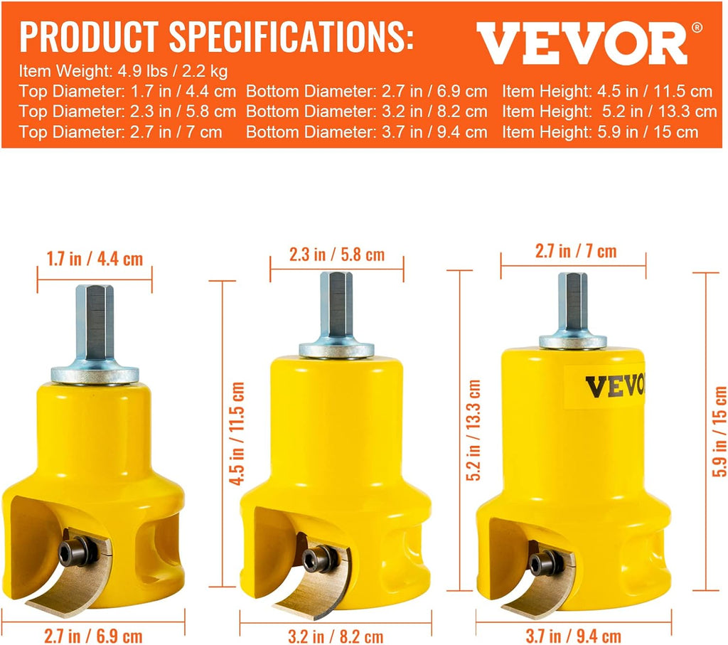 VEVOR Tenon Cutter, 1'/25.4mm & 1.5'/38mm & 2'/50.8mm, Premium Aluminum & Steel Log Furniture Cutter, with Dual Curved Blades & Button Screws Home Master Kit, Commercial Starter's Tool for Home DIY