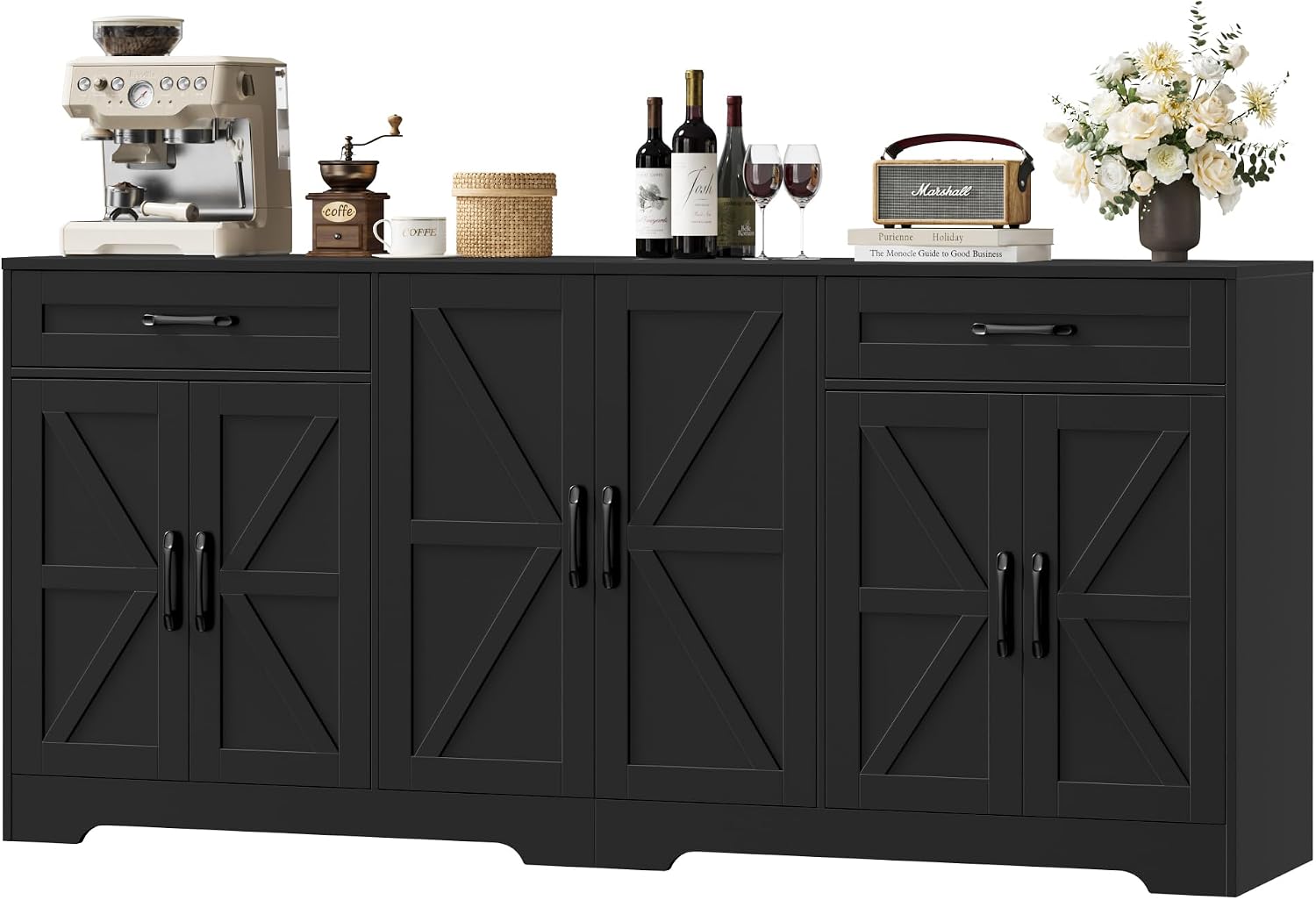 BOTLOG 71' Large Sideboard Buffet Cabinet with Storage, Farmhouse Kitchen Buffet Cabinet with Adjustable Shelves and 6 Barn Doors, Wood Coffee Wine Bar Console Table for Kitchen, Dining Room, Black