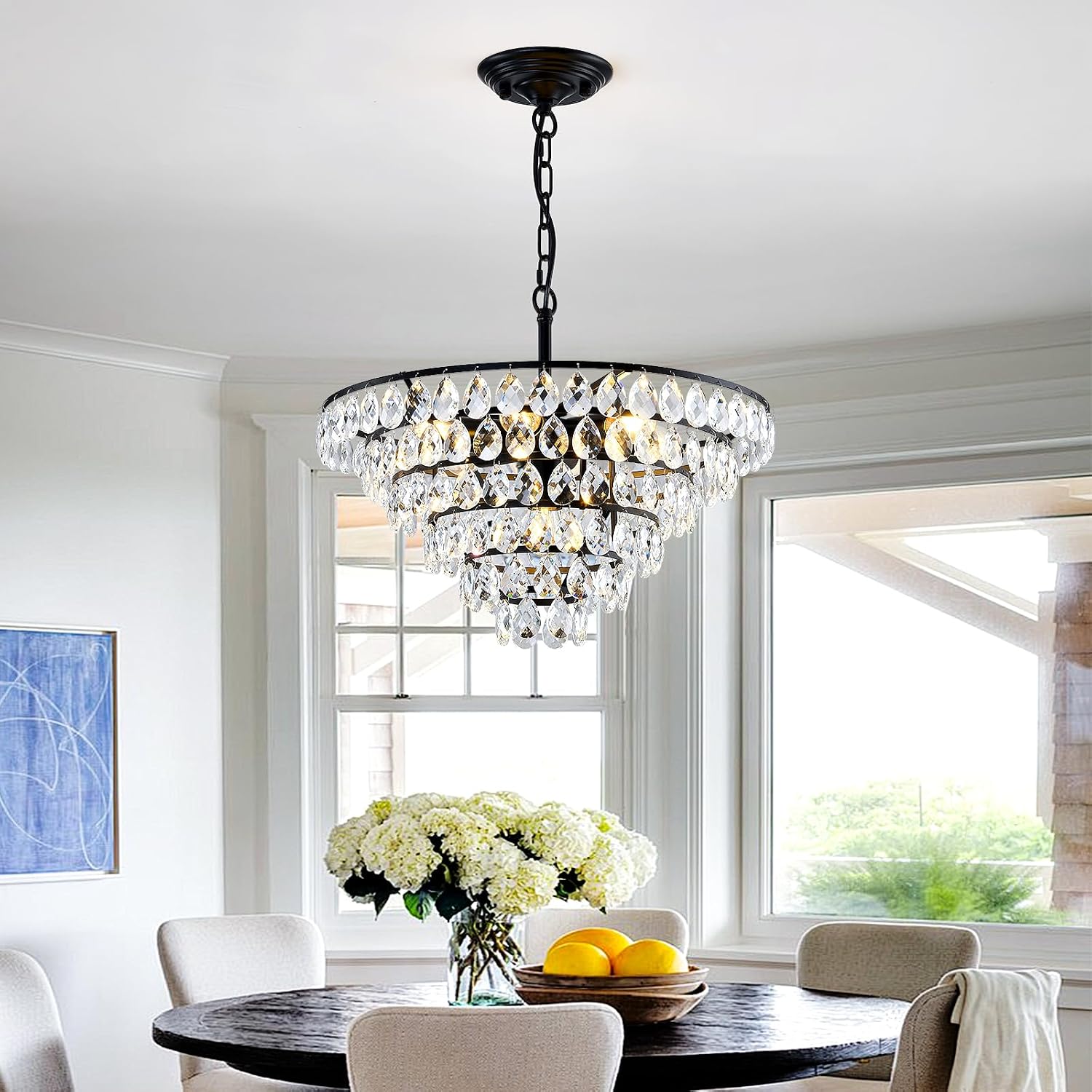 YYJLX Modern Crystal Chandelier 7 Light 20' Raindrop Black Ceiling Chandelier Adjustable Hanging Light Fixture for Dining Room Foyer Entryway Staircase Living Room