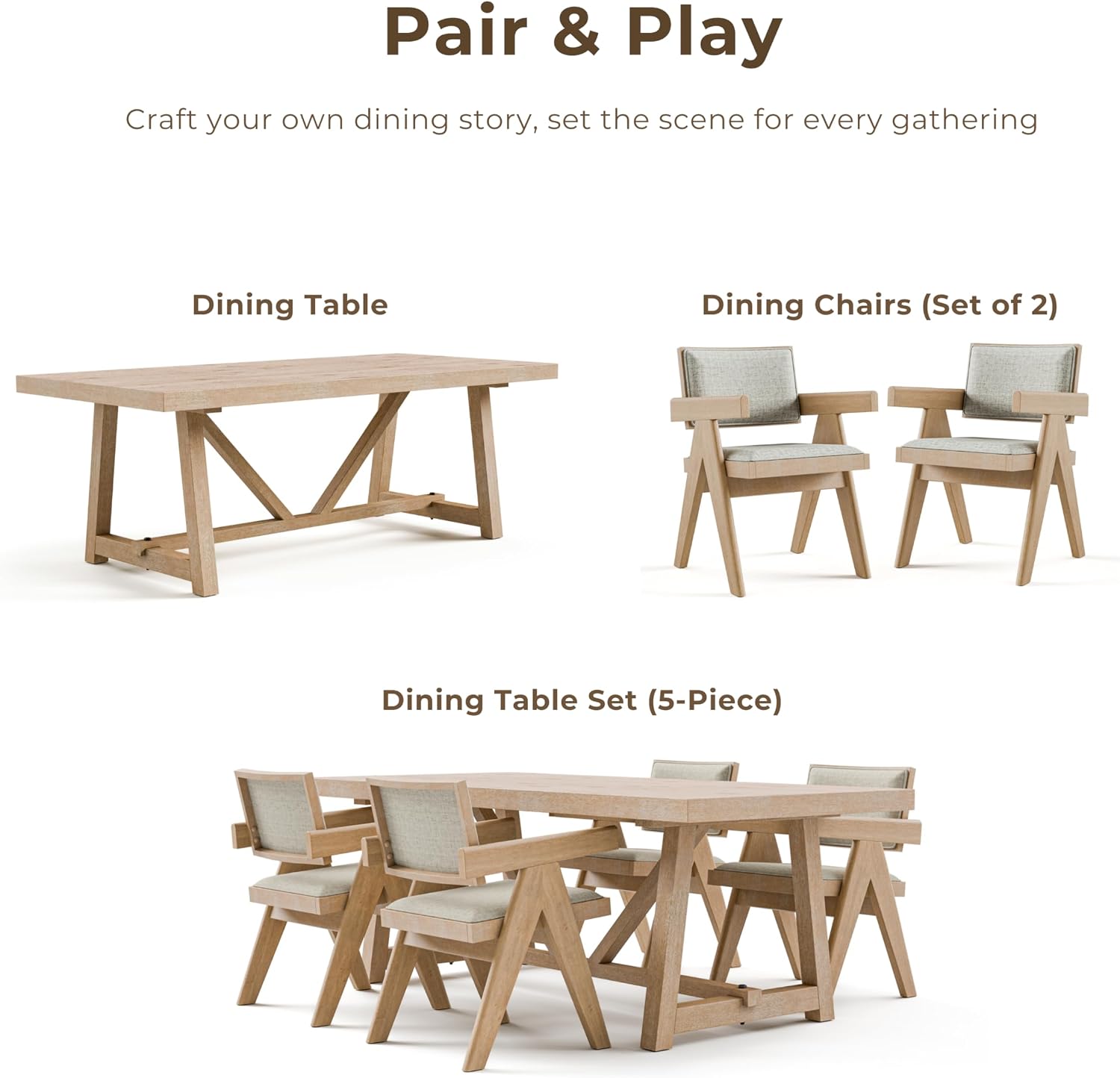 Furniture of America Wellen Farmhouse 84-Inch Rectangle Solid Wood Dining Table with Plank and Beam Base, Trestle Design, Seats Up to 8, for Kitchen, Home Office, Natural Oak