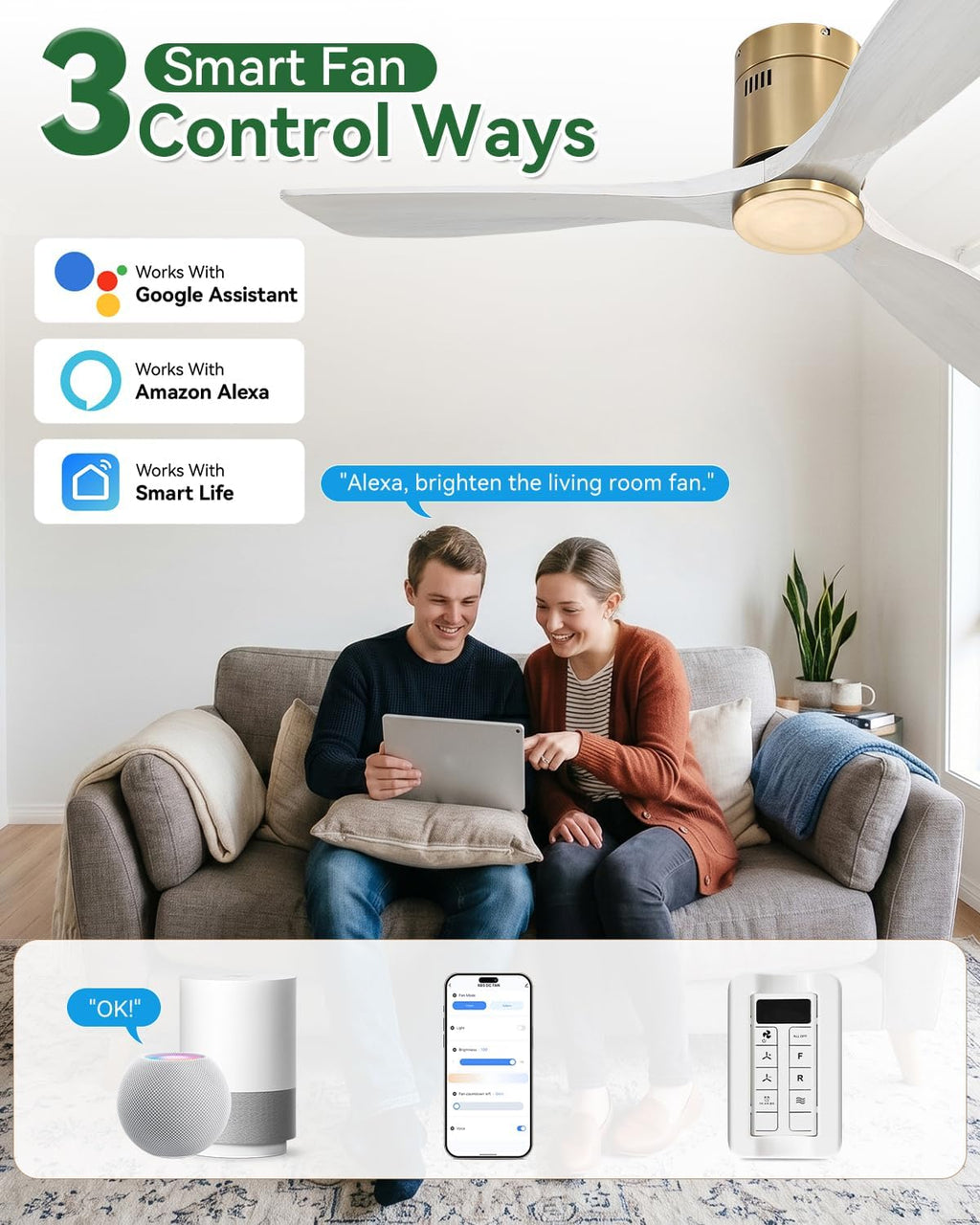 Sofucor 52' Solid Wood Low Profile Flush Mount Ceiling Fan No Light, Outdoor Modern Ceiling Fan without Light works with Alexa/Google/App 6-Speed, 3-Timer, Reversible DC Motor for Living Room Bedroom