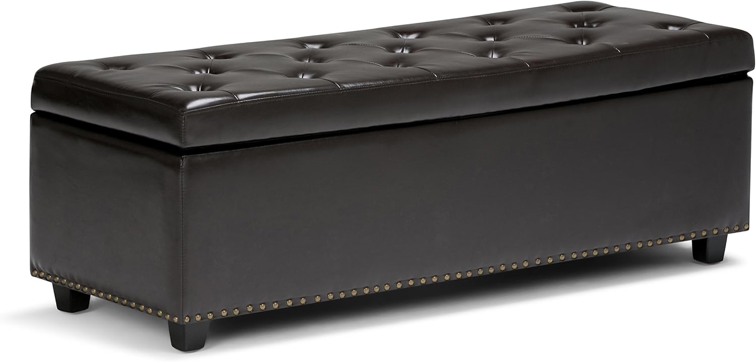 SIMPLIHOME Hamilton Storage Ottoman - 48 inch Wide Upholstered Vegan Leather Rectangle Storage Ottoman Bench in Coffee Brown, Traditional Tufted Ottoman for Living Room or Entryway with Lift-Up Lid