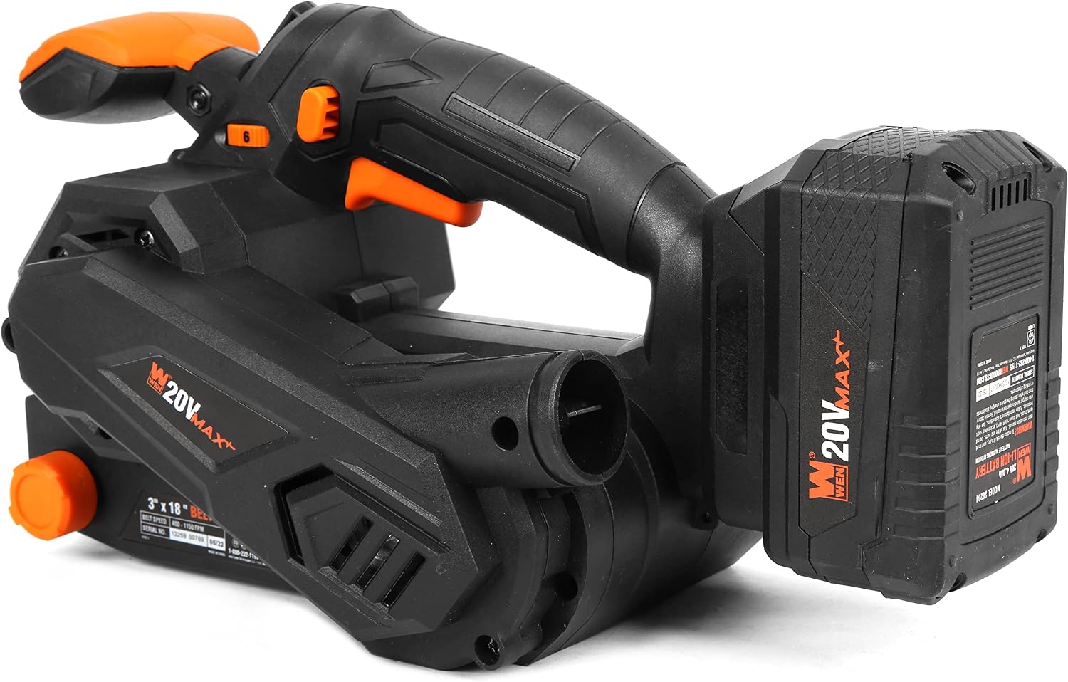 WEN 20418 20V Max Cordless Belt Sander, Variable Speed, Handheld and Portable with 4.0Ah Battery and Charger