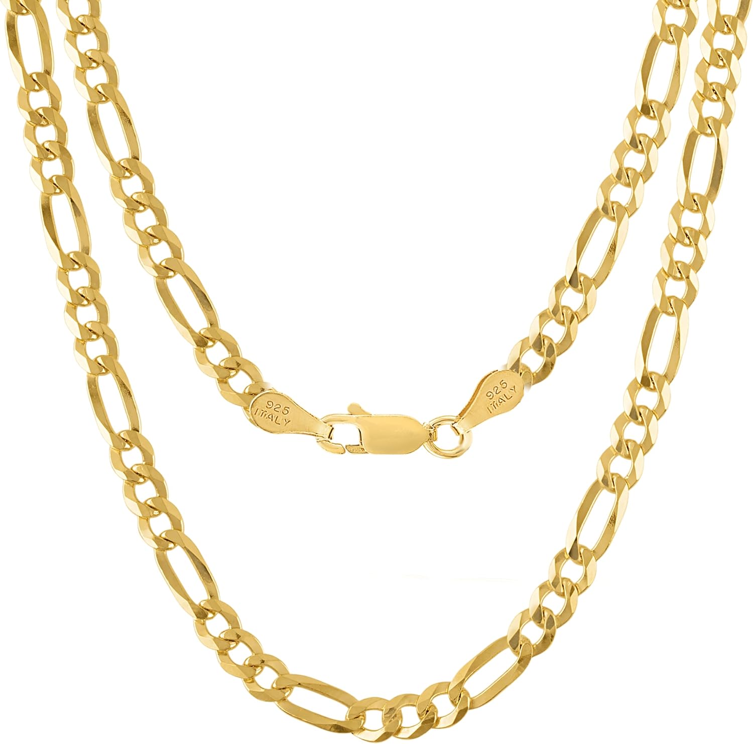 KISPER Men's 18K Gold Plated Sterling Silver Figaro Chain Necklace – 5mm Solid Italian Link with Lobster Clasp, Made in Italy