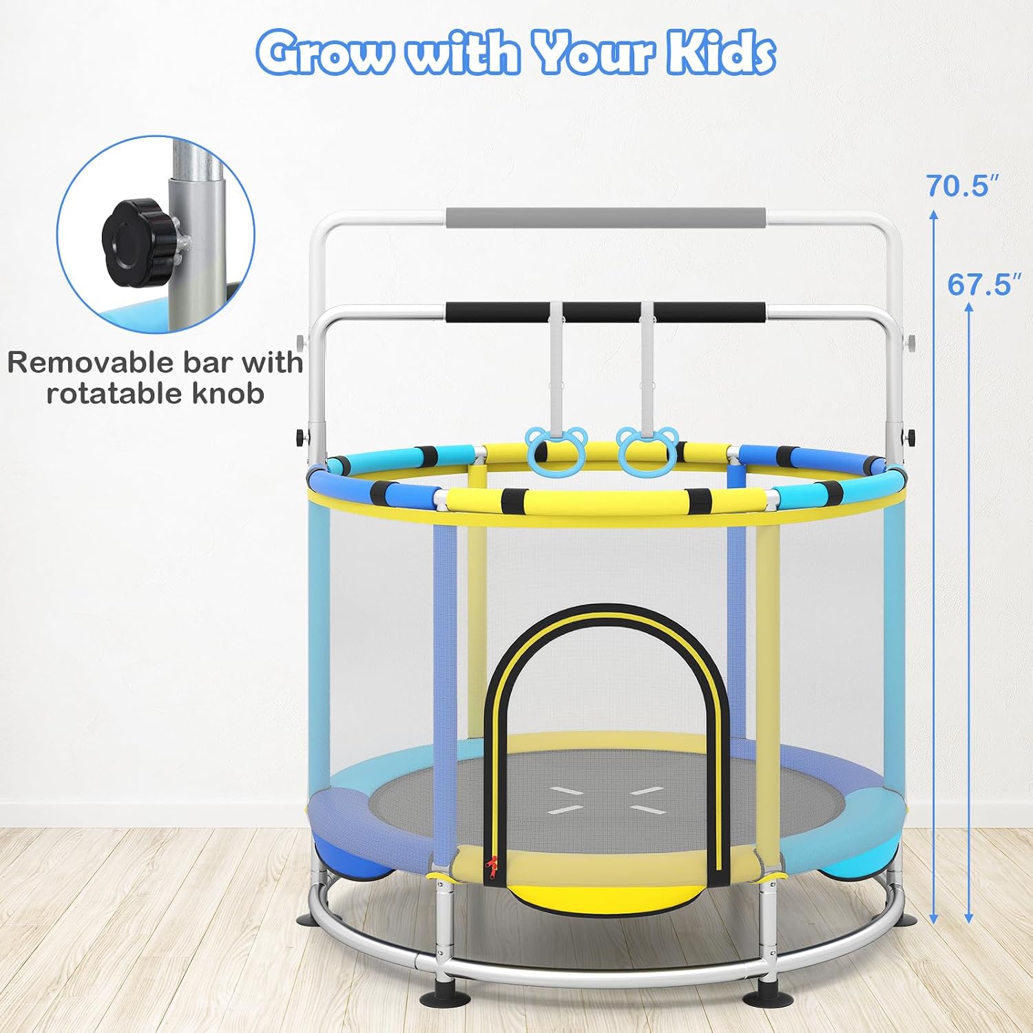 OLAKIDS 55' Trampoline for Kids, Indoor Outdoor Adjustable Toddler Trampoline with Safety Enclosure Net, Baby Recreational Trampolines with Basketball Hoop Hammock Boxing Bag Gymnastic Bar Rings