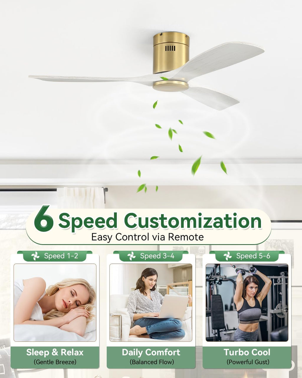 Sofucor 52' Solid Wood Low Profile Flush Mount Ceiling Fan No Light, Outdoor Modern Ceiling Fan without Light works with Alexa/Google/App 6-Speed, 3-Timer, Reversible DC Motor for Living Room Bedroom