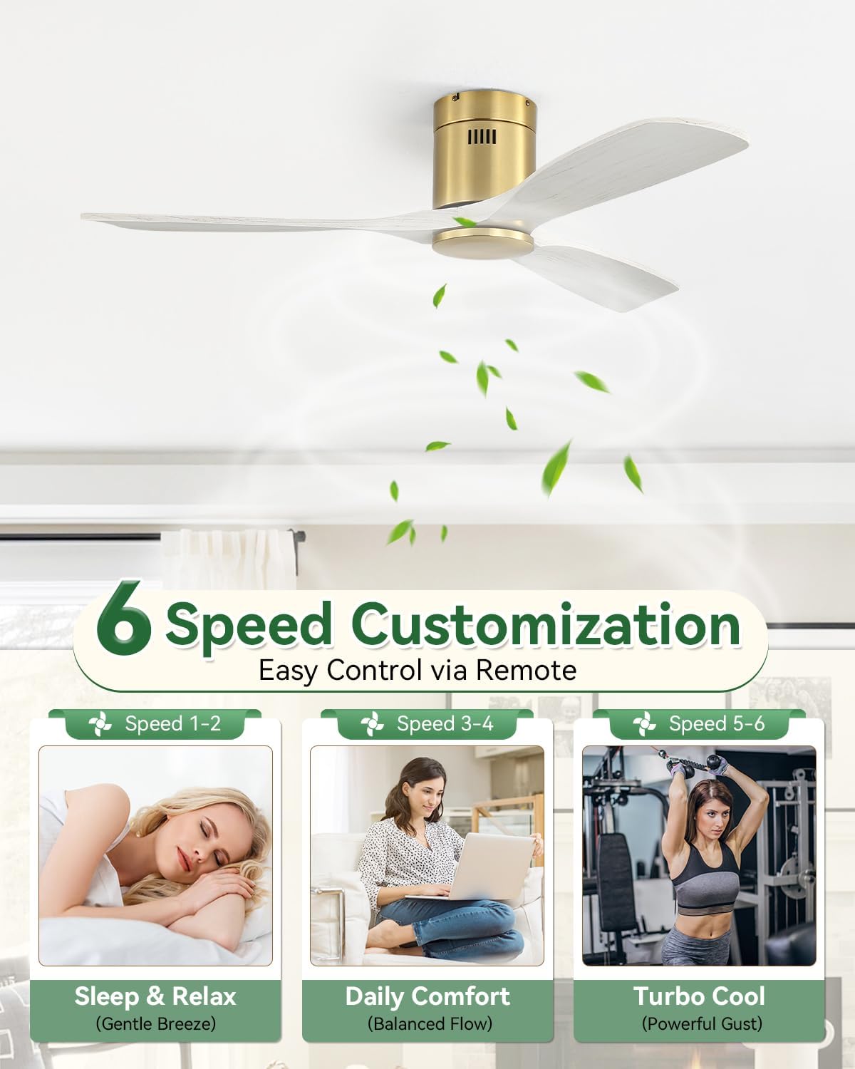 Sofucor 52' Solid Wood Low Profile Flush Mount Ceiling Fan No Light, Outdoor Modern Ceiling Fan without Light works with Alexa/Google/App 6-Speed, 3-Timer, Reversible DC Motor for Living Room Bedroom