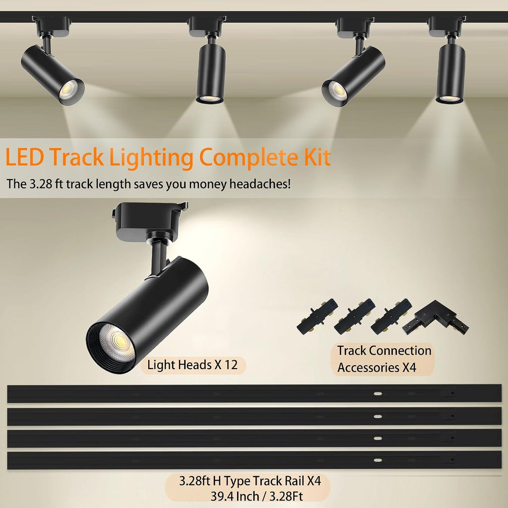 Ultra-Bright Black H Type Track Lighting Kit 6000K Cool White, 12 Heads 20W 2400lm with 13.1FT Track Rails, Dimmable Plug in LED Track Lights Modern Indoor Spotlight Fixture