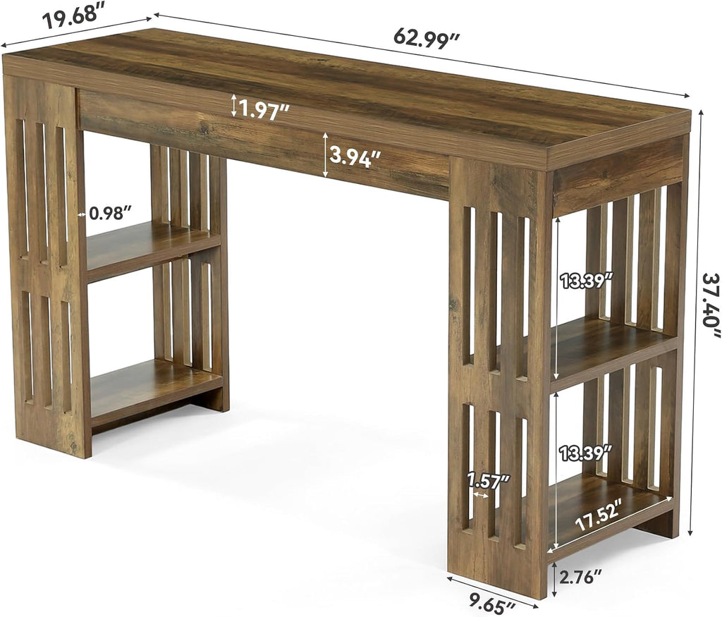 LITTLE TREE Bar Table, 63 Inch Wooden Bistro Table, Large Home Bar Unit with Wine Rack, Pub Table with Storage Shelves for Dining Room, Living Room, Kitchen Room, Brown