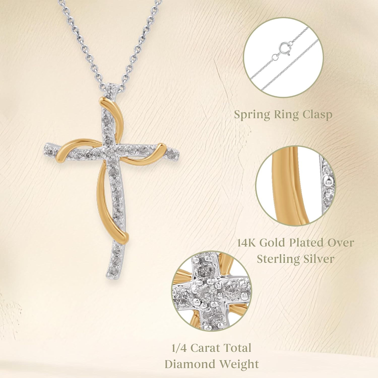 GILDED 14K Yellow Gold over 925 Sterling Silver Necklace for Women with Natural Diamond and Twist Cross Pendant, 14K Gold Plated over Sterling Silver, 925 Sterling Silver, 18' Cable Chain, 1/4 Carat Total Weight Diamonds & Elegant Gift Box Included