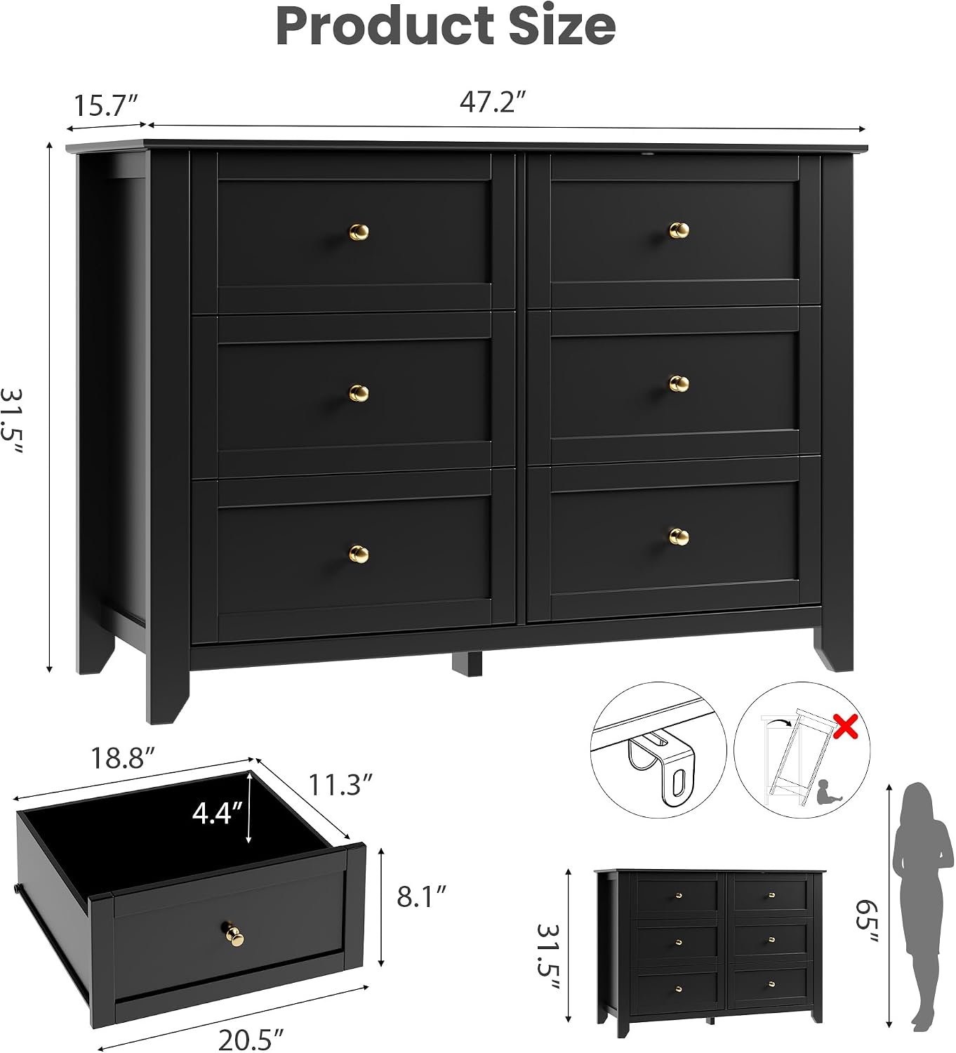IDEALHOUSE Black 6 Drawer Dresser for Bedroom, Large Dresser with Deep Drawers & Metal Knobs, Modern Wooden Chests of Drawers for Entryway, Hallway