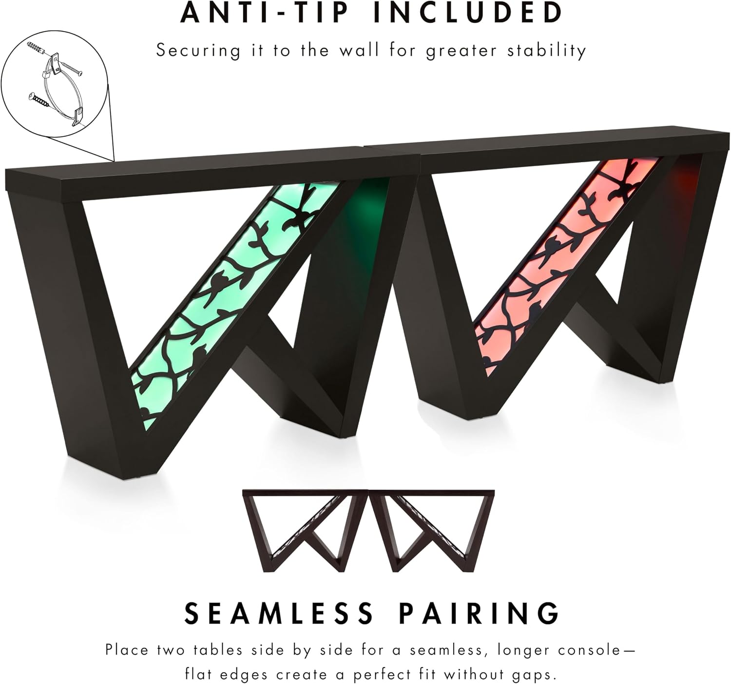 Homes: Inside + Out Naomi Modern Decorative Accent LED Console Table with W-Shaped Legs and Remote, Wood Entryway Furniture for Living Room, Hallway, Entrance, Small Spaces, Black