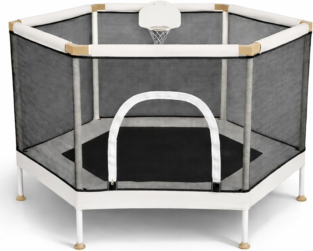 Kids Trampoline, Aesthetic Indoor and Outdoor Toddler Trampoline with Safety Net, Basketball Hoop, 220lb Capacity, Ultra Safe No-Gap Design, Gifts for Boys & Girls