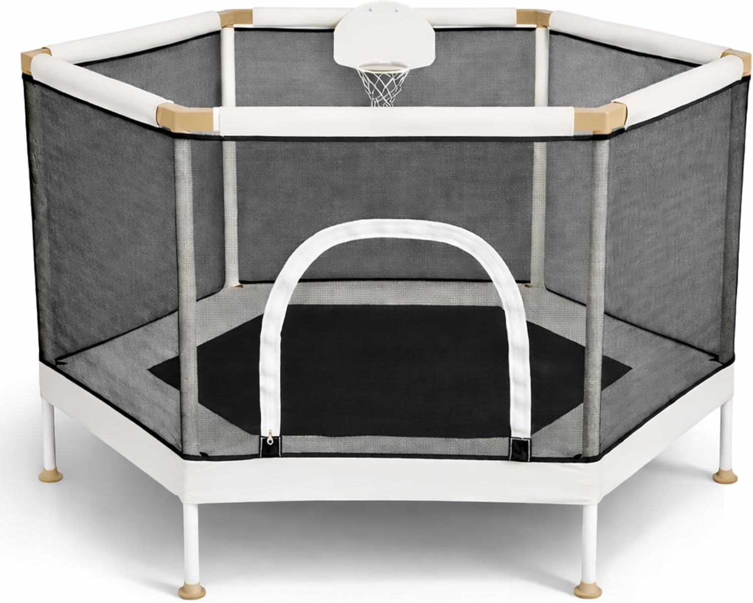Kids Trampoline, Aesthetic Indoor and Outdoor Toddler Trampoline with Safety Net, Basketball Hoop, 220lb Capacity, Ultra Safe No-Gap Design, Gifts for Boys & Girls