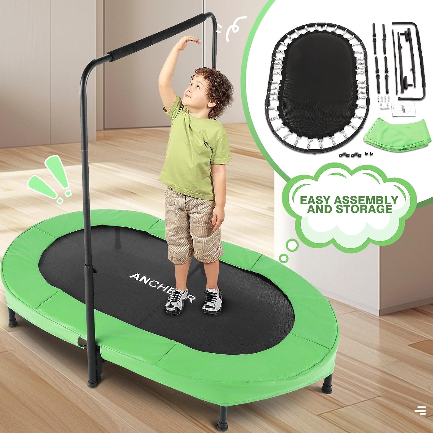 Trampoline for Kids, Toddler Trampoline Indoor Sports and Outdoor Games 56' Kids Rebounder 220LBS Capacity with Adjustable Safety Handrail Foldable Jumper for Boy Girls ASTM Certified