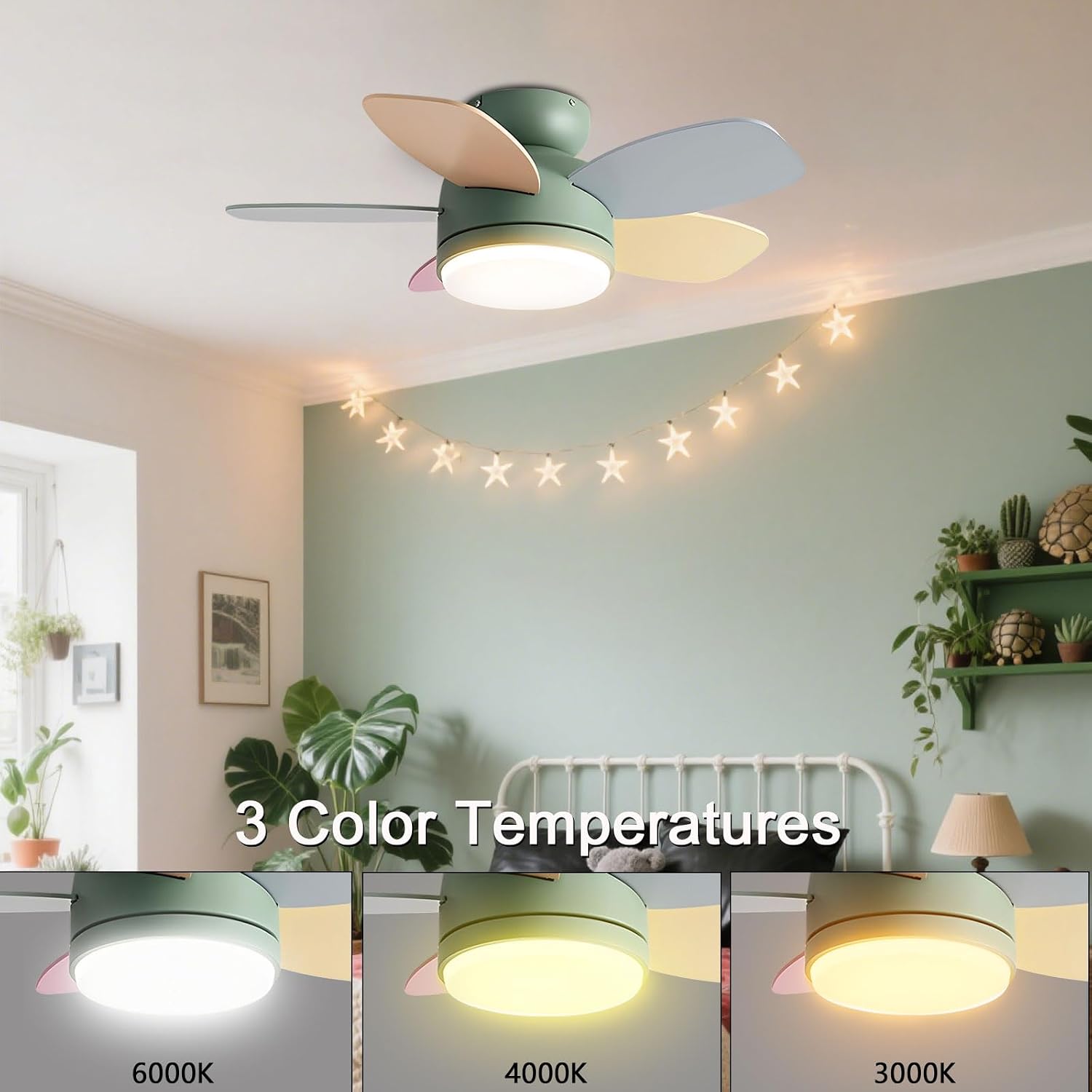 Flush Mount 32in Ceiling Fan with Light 6 Speed Quiet Colorful Ceiling Fans Remote LED Ceiling Lights Fan Lighting Timing Reversible Fan Light for Bedroom Kids Room Lounge