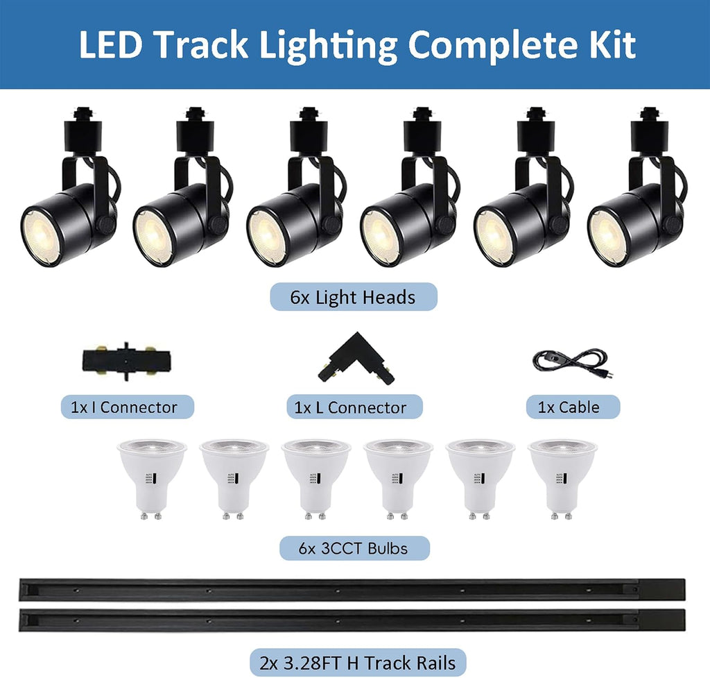 LED White Track Lighting Kit, 3CCT 10W Track Lights 3000K/4000K/6000K Adjustable with 6.56FT H-Type Track Rails 6PCS Ceiling Spotlight Fixture with Replaceable GU10 Bulbs