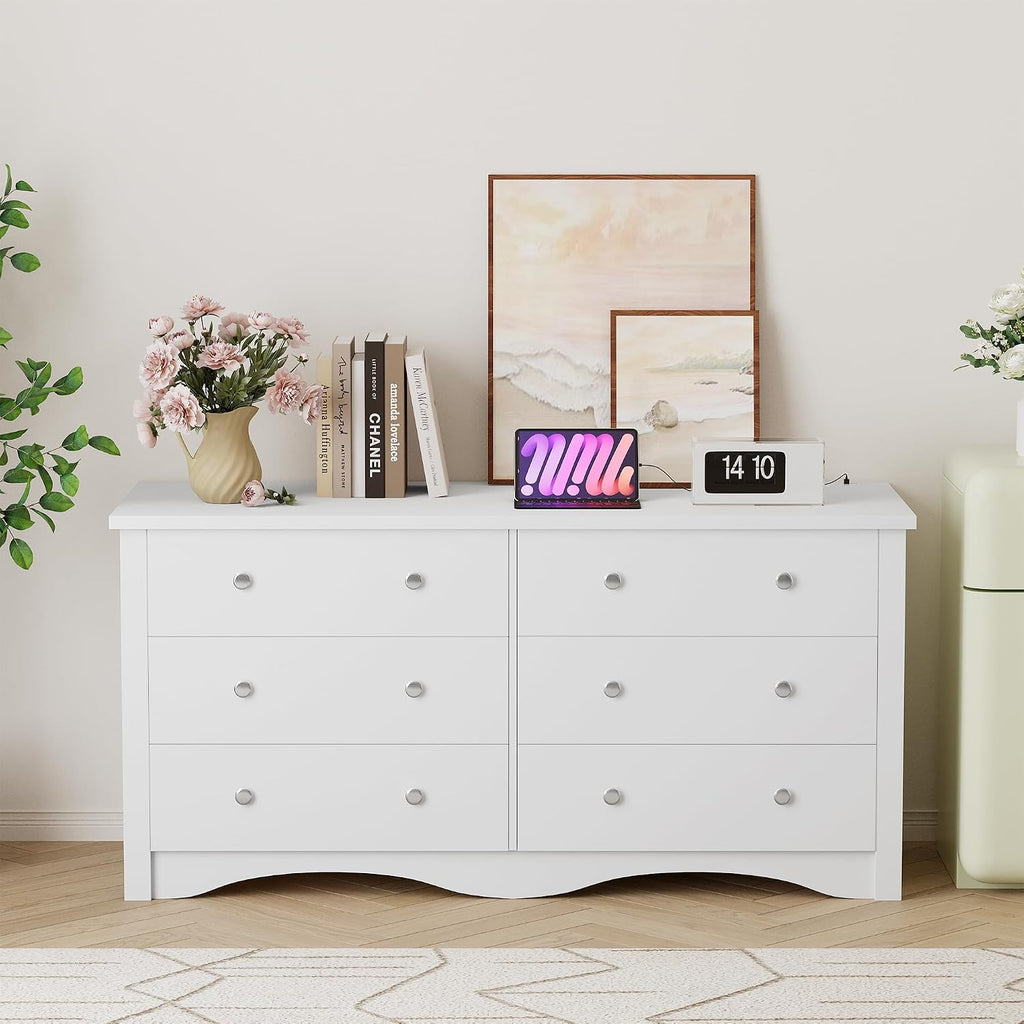 YESHOMY Dresser for Bedroom with Power Outlet,6 Drawers Dresser, Modern Chest of Drawers, Wooden Dressers, TV Stand for Living Room,Closet, Hallway (White)