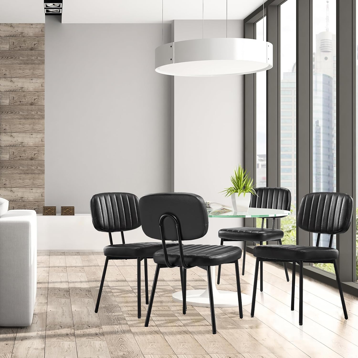 Sweetcrispy Dining Chairs Set of 4, Upholstered Mid Century Modern Kitchen Accent Chairs with Faux Leather Cushion Seat & Metal Legs for Home Office, Living Room - Black