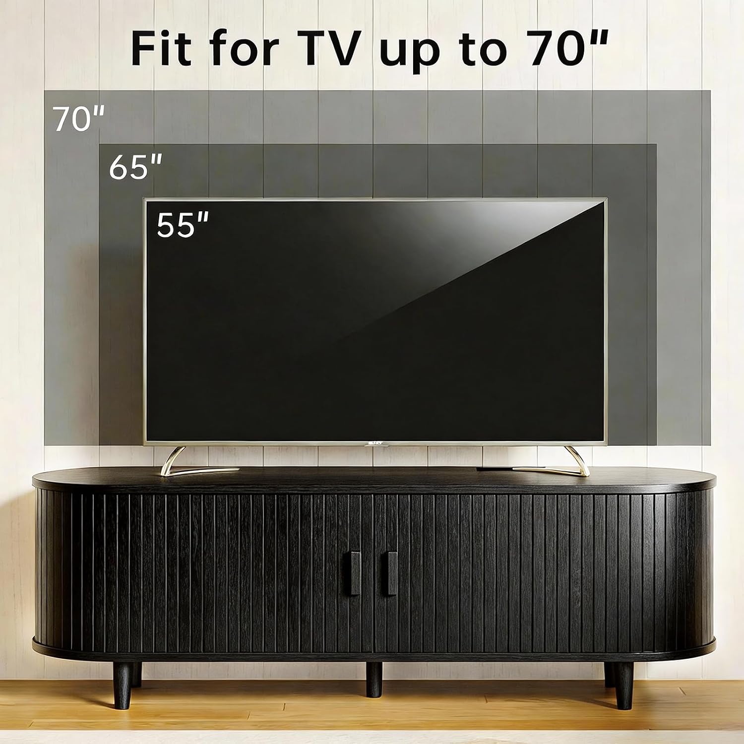 MXV 65' Mid-Century Modern TV Stand with Sliding Doors, TV Consoles with Power Outlet, Fluted Entertainment Center with Adjustable Shelves, for Living Room