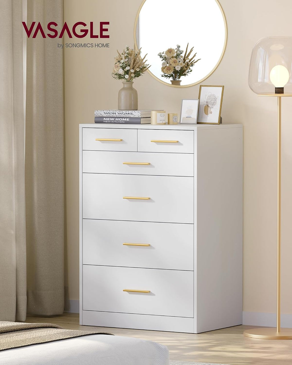 VASAGLE Custos Collection - Dresser for Bedroom, Chest of Drawers for Closet, Modern Style, TV Stand for Living Room, 6 Drawers, 15.8 x 23.7 x 34.8 Inches, Cloud White ULTS415WB01S