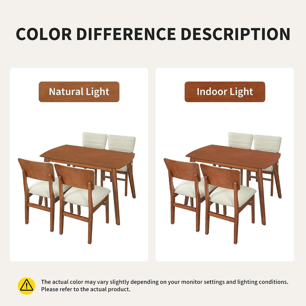 Merax 5 Piece Solid Wood Dining Table Set, Farmhouse Mid-Century Modern Table & 4 Upholstered Chairs for Home, Kitchen, Apartment, Space Saving, Brown+Biege