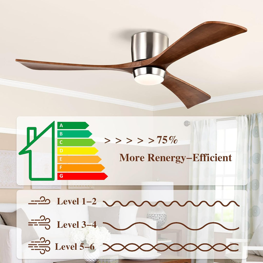 52' Wooden Flush Mount Ceiling Fans with Remote Control, Dimmable Low Profile Chandelier Fan with LED Light Modern Fandelier for Living Room Nickel Walnut