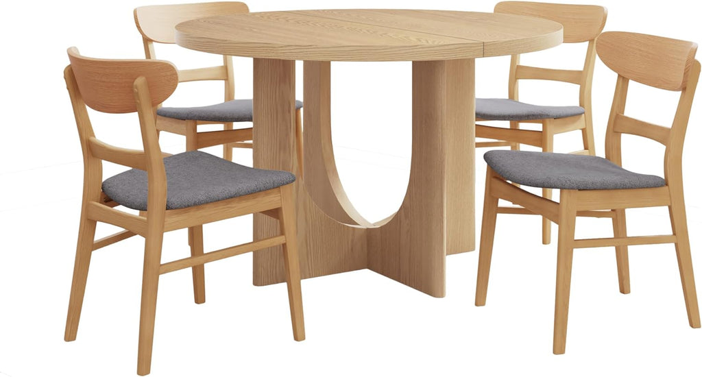 Christopher Knight Home Zeka Wooden Round Dining Table Set for 4, 5 Piece Dining Set, Dining Room Table Set for 4, Kitchen Table with Cross Leg and Upholstered Chairs, Light Grey + Natural