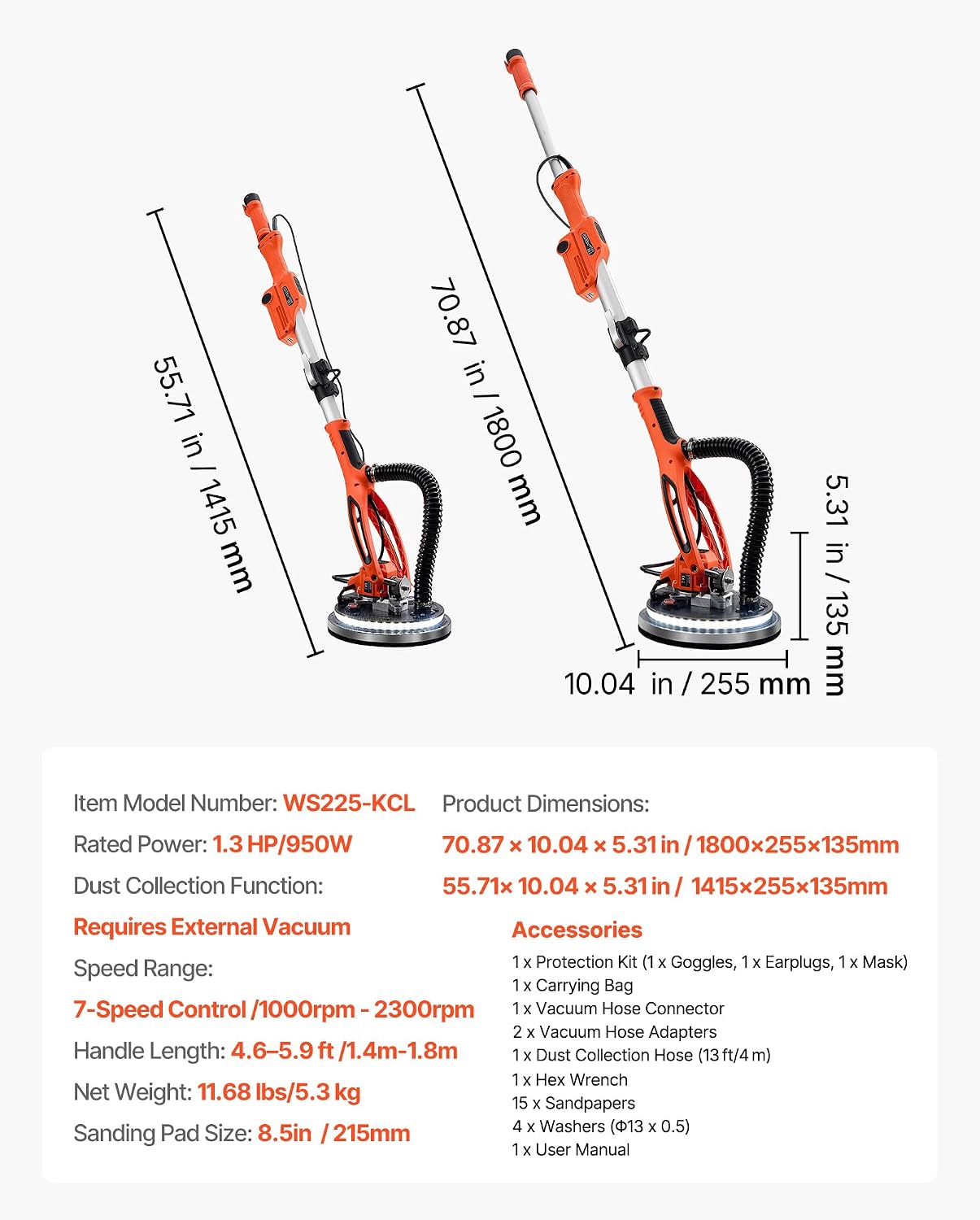 VEVOR Drywall Sander, 950W Electric Drywall Sander, Popcorn Ceiling Removal Tool with 7 Variable Speed 1000-2300 RPM, Double-Deck LED Light, Foldable & Extendable Handle, 15 Sanding Discs, Dust Hose