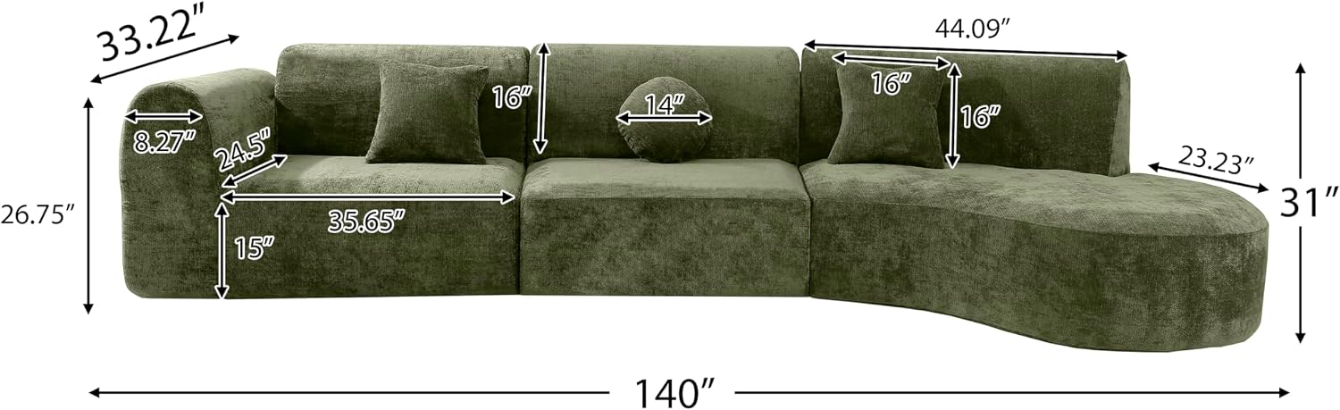 Christopher Knight Home Grelyn Modern Curved Modular Sectional Sofa, Wool Fabric Large Cloud Couch, 6-Seater L-Shaped Couch for Living Room, 3-Piece Lounge Sofa with Chaise,Fully Assembled,Olive Green