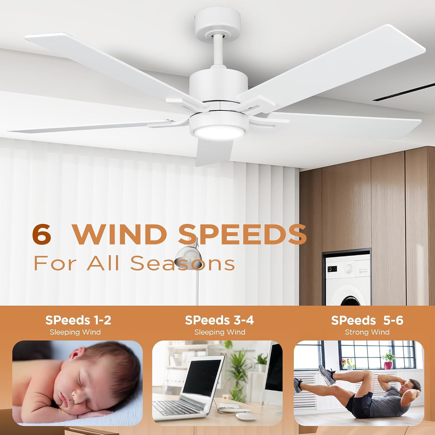 Ceiling Fan with Light Remote: 52 inch Modern Bedroom Fans with Dimmable Tri-Color Temperatures LED - Quiet Reversible DC Motor - Indoor Home Use (Matte White-5, 52 Inch)