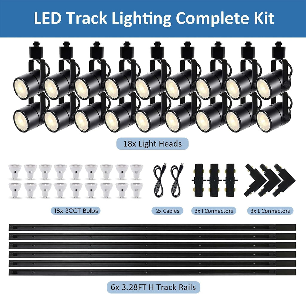 Dimmable LED GU10 Track Lighting Kit with Replaceable GU10 Bulbs, 18-Pack All-in-One Plug in 3CCT Ceiling Spotlights with 19.68FT Track Rails, Accent Lighting for Home, Store, Moblie Cart and Office