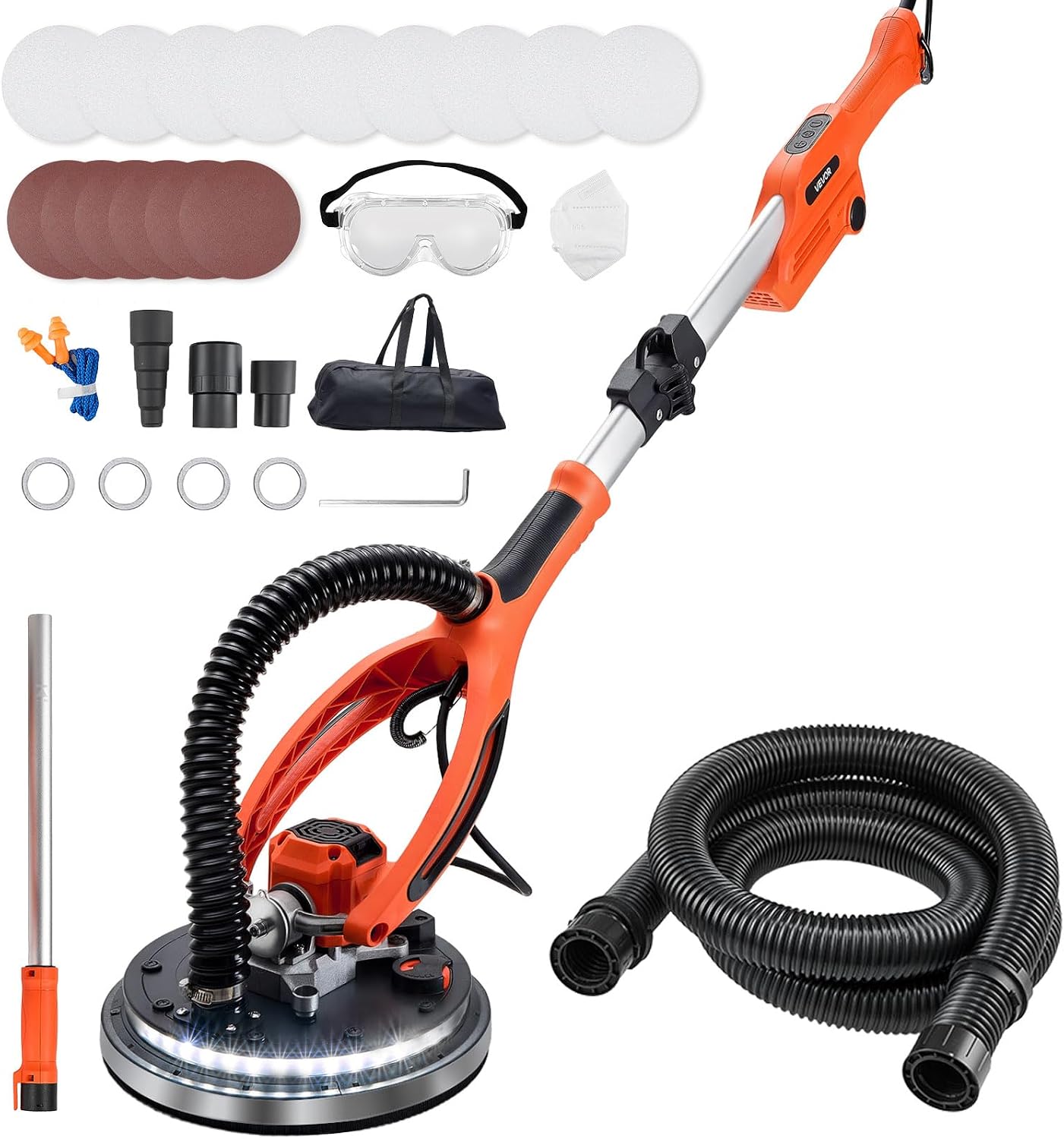 VEVOR Drywall Sander, 950W Electric Drywall Sander, Popcorn Ceiling Removal Tool with 7 Variable Speed 1000-2300 RPM, Double-Deck LED Light, Foldable & Extendable Handle, 15 Sanding Discs, Dust Hose