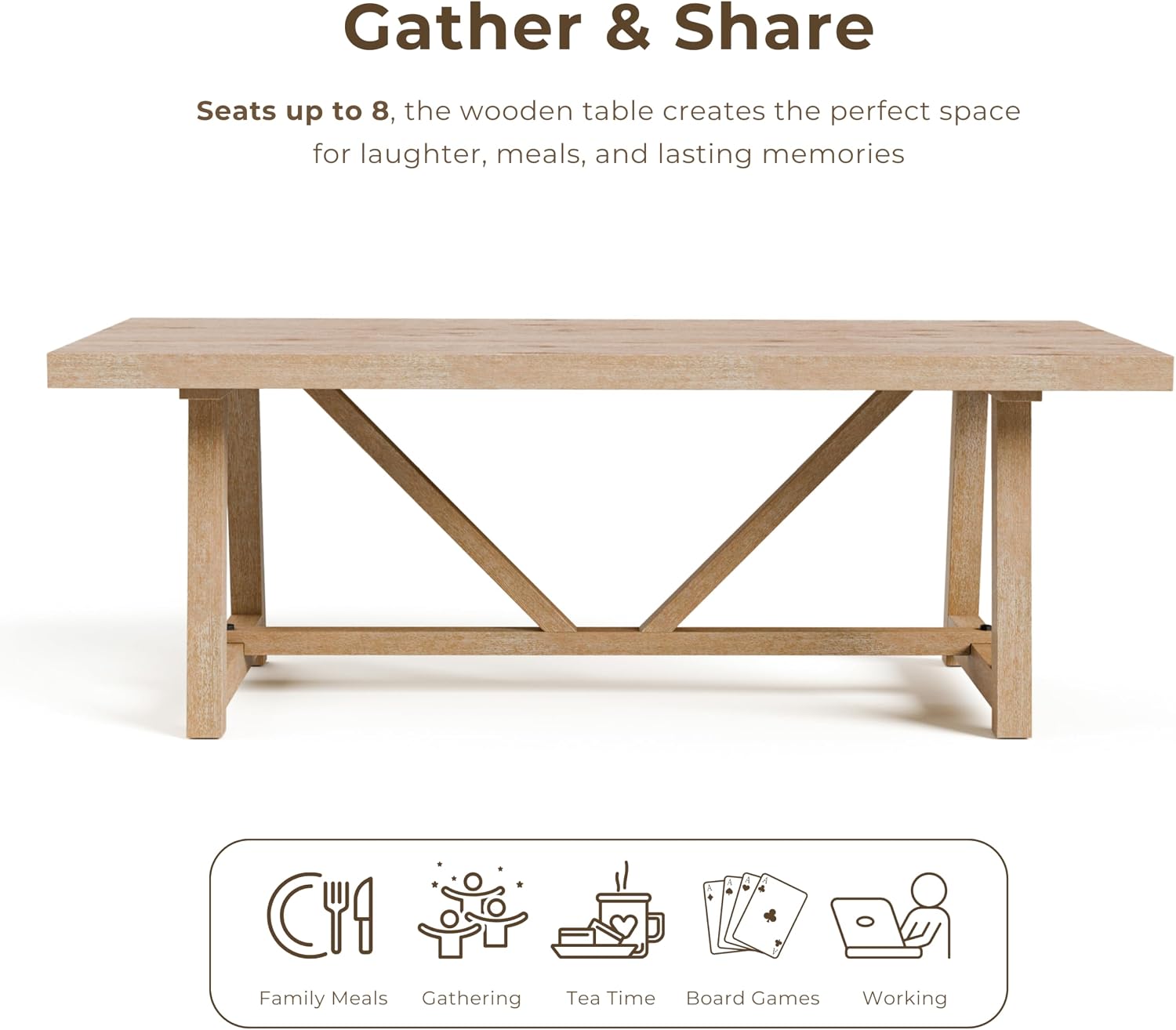 Furniture of America Wellen Farmhouse 84-Inch Rectangle Solid Wood Dining Table with Plank and Beam Base, Trestle Design, Seats Up to 8, for Kitchen, Home Office, Natural Oak