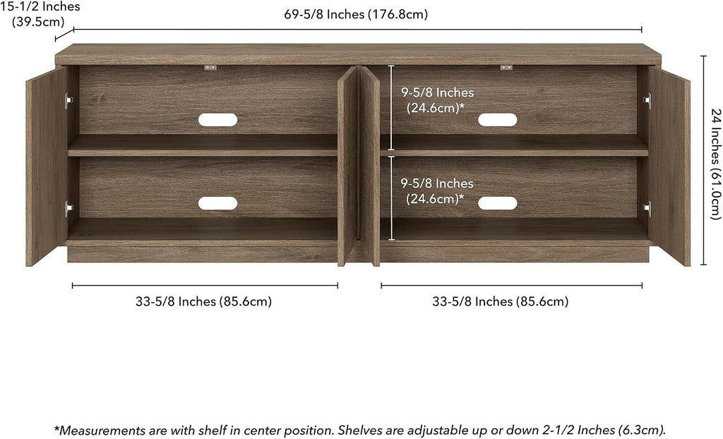 Henn&Hart Fluted TV Stand for TVs up to 75' with 2 Concealed Ribbed Storage Cabinets and Adjustable Shelves for Living Room, Family Room, or Office, Weathered Gray